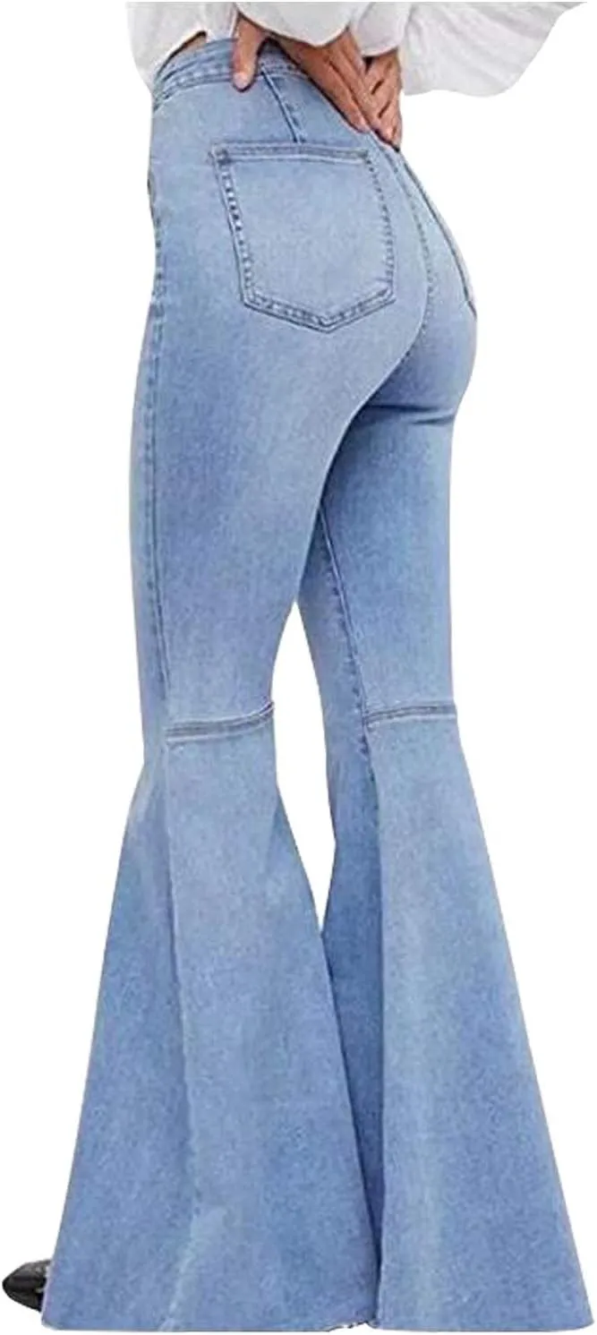 Women's Fashion Bell Bottom Pants High Waist Tassel Stretch Curvy Fit Jeans Blue