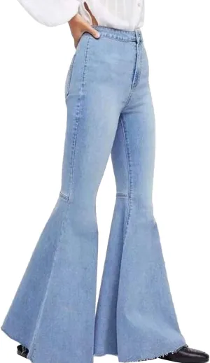 Women's Fashion Bell Bottom Pants High Waist Tassel Stretch Curvy Fit Jeans Blue