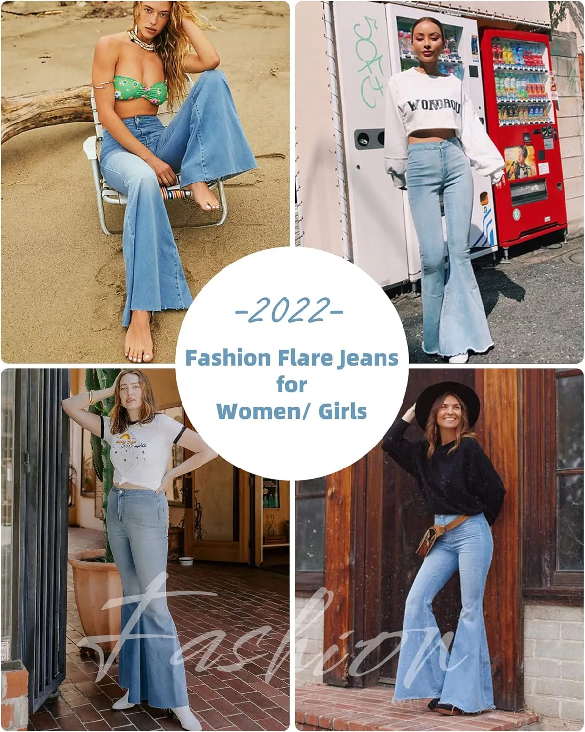 Women's Fashion Bell Bottom Pants High Waist Tassel Stretch Curvy Fit Jeans Blue