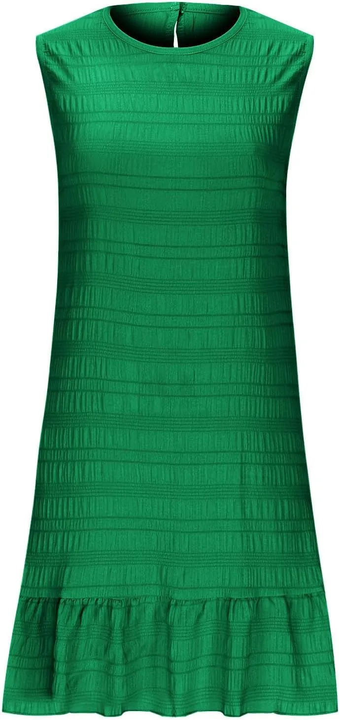 Women's Fashion Textured Tank Dress Summer Sleeveless Keyhole Back Mini Sundress Crewneck Ruffle Boho Swing Dresses