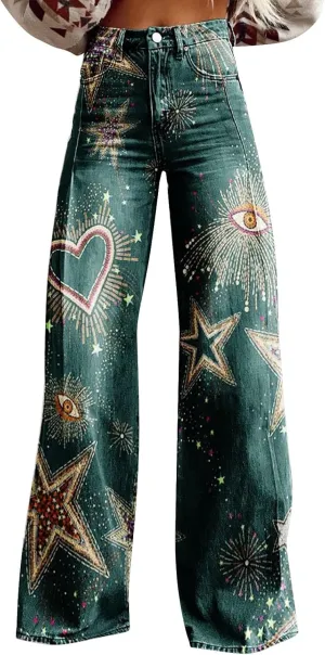 Women's Flare Jeans 2025 Wide Leg Baggy Pant Vintage Floral Print High Waisted Straight Stretch Pants with Pocket
