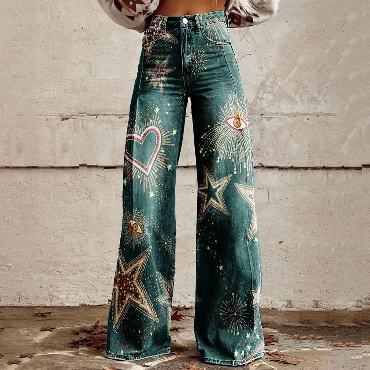 Women's Flare Jeans 2025 Wide Leg Baggy Pant Vintage Floral Print High Waisted Straight Stretch Pants with Pocket