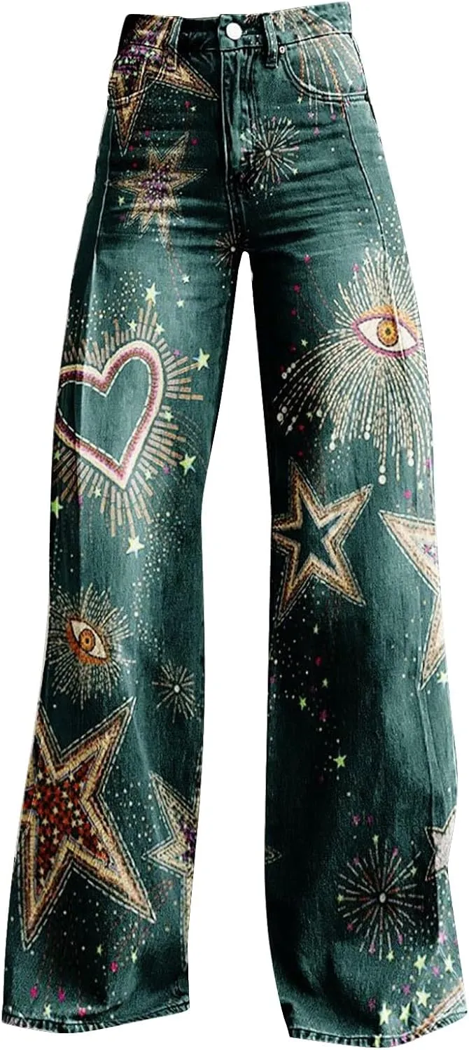 Women's Flare Jeans 2025 Wide Leg Baggy Pant Vintage Floral Print High Waisted Straight Stretch Pants with Pocket