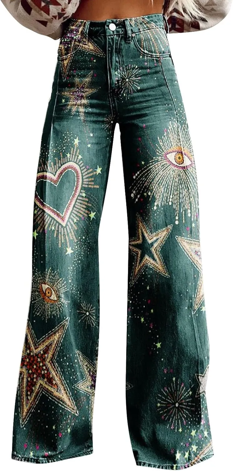 Women's Flare Jeans 2025 Wide Leg Baggy Pant Vintage Floral Print High Waisted Straight Stretch Pants with Pocket