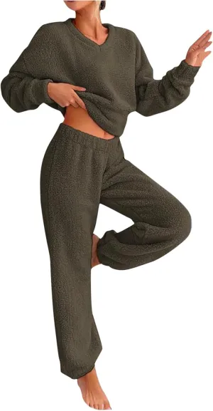 Women's Fuzzy Casual Pajamas Sets Long Sleeve Fleece V Neck Pullover Top and Pants 2 Piece Fluffy Loungewear Sleepwear