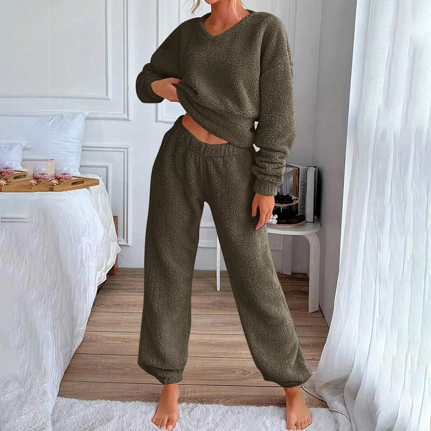 Women's Fuzzy Casual Pajamas Sets Long Sleeve Fleece V Neck Pullover Top and Pants 2 Piece Fluffy Loungewear Sleepwear