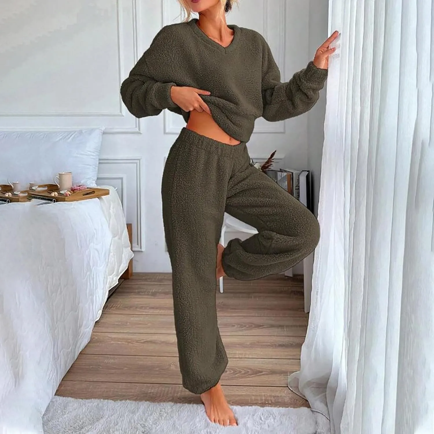 Women's Fuzzy Casual Pajamas Sets Long Sleeve Fleece V Neck Pullover Top and Pants 2 Piece Fluffy Loungewear Sleepwear
