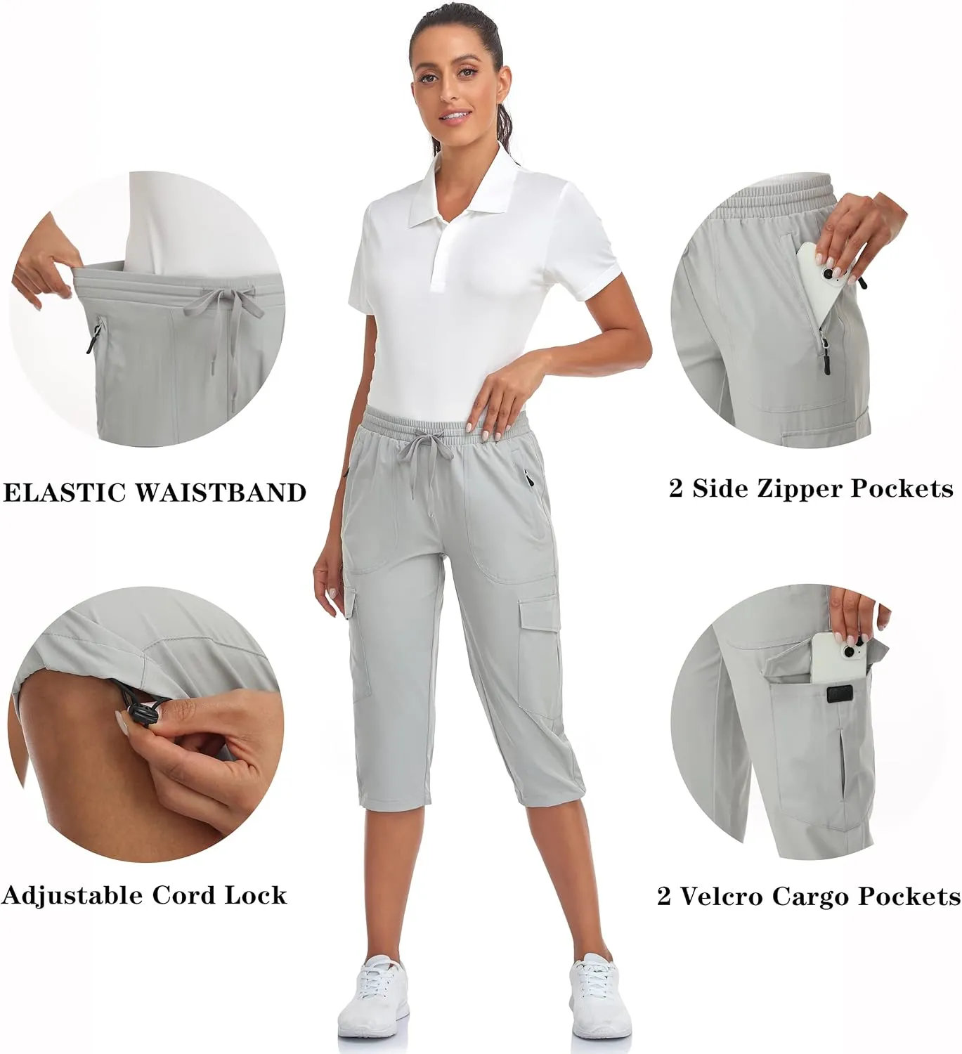 Women's Hiking Cargo Capri Pants Lightweight Quick Dry Joggers Outdoor Casual Travel Capris with Zipper Pockets