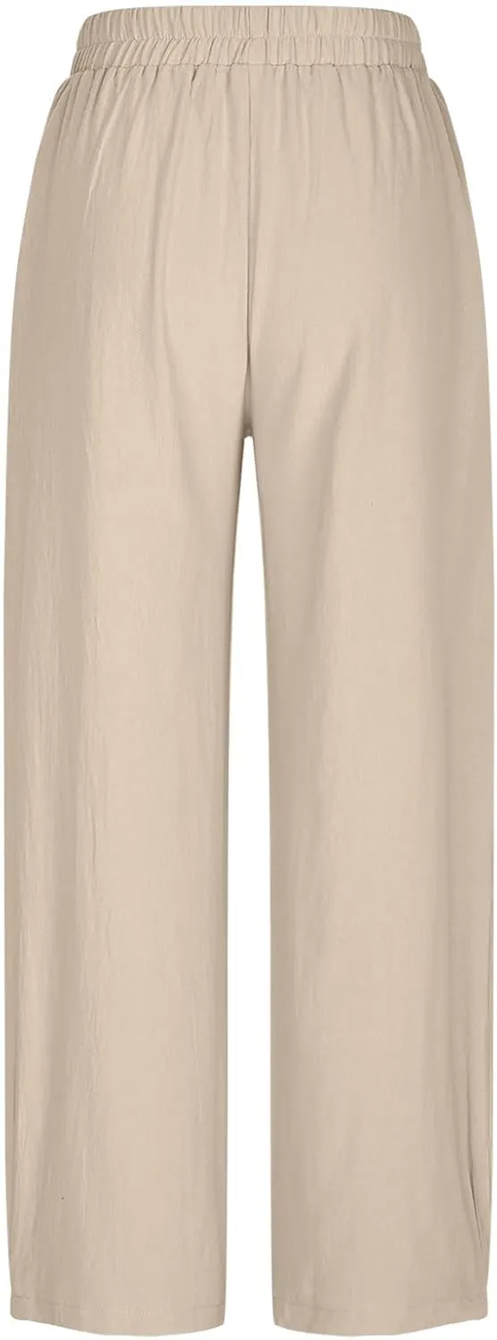 Women's Linen Pants Summer Fashion 2025 Elastic Wasit Loose fit Casual Pants Ladies Wide Leg Trousers with Pockets