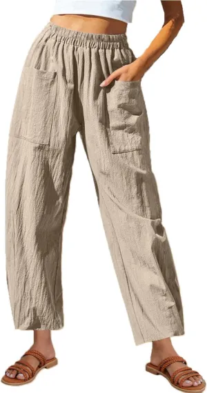 Women's Linen Pants Summer Fashion 2025 Elastic Wasit Loose fit Casual Pants Ladies Wide Leg Trousers with Pockets