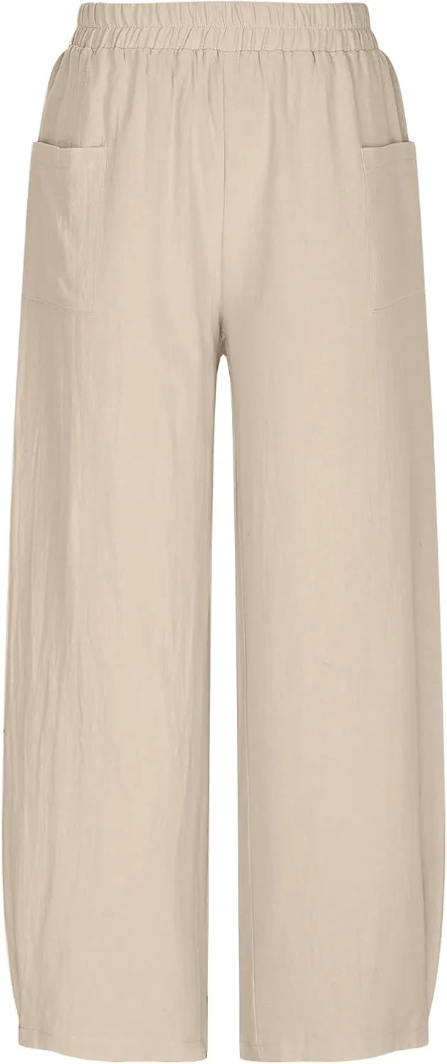 Women's Linen Pants Summer Fashion 2025 Elastic Wasit Loose fit Casual Pants Ladies Wide Leg Trousers with Pockets