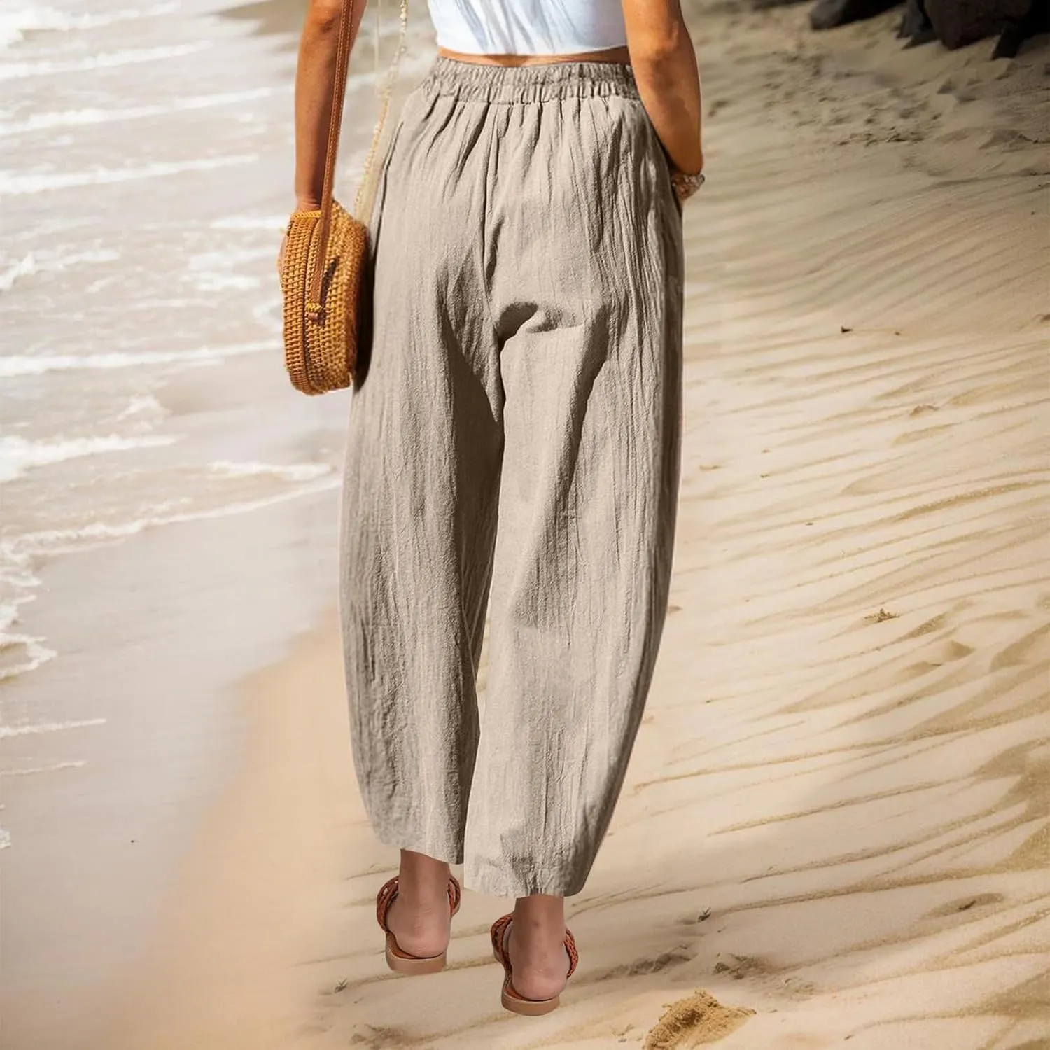 Women's Linen Pants Summer Fashion 2025 Elastic Wasit Loose fit Casual Pants Ladies Wide Leg Trousers with Pockets