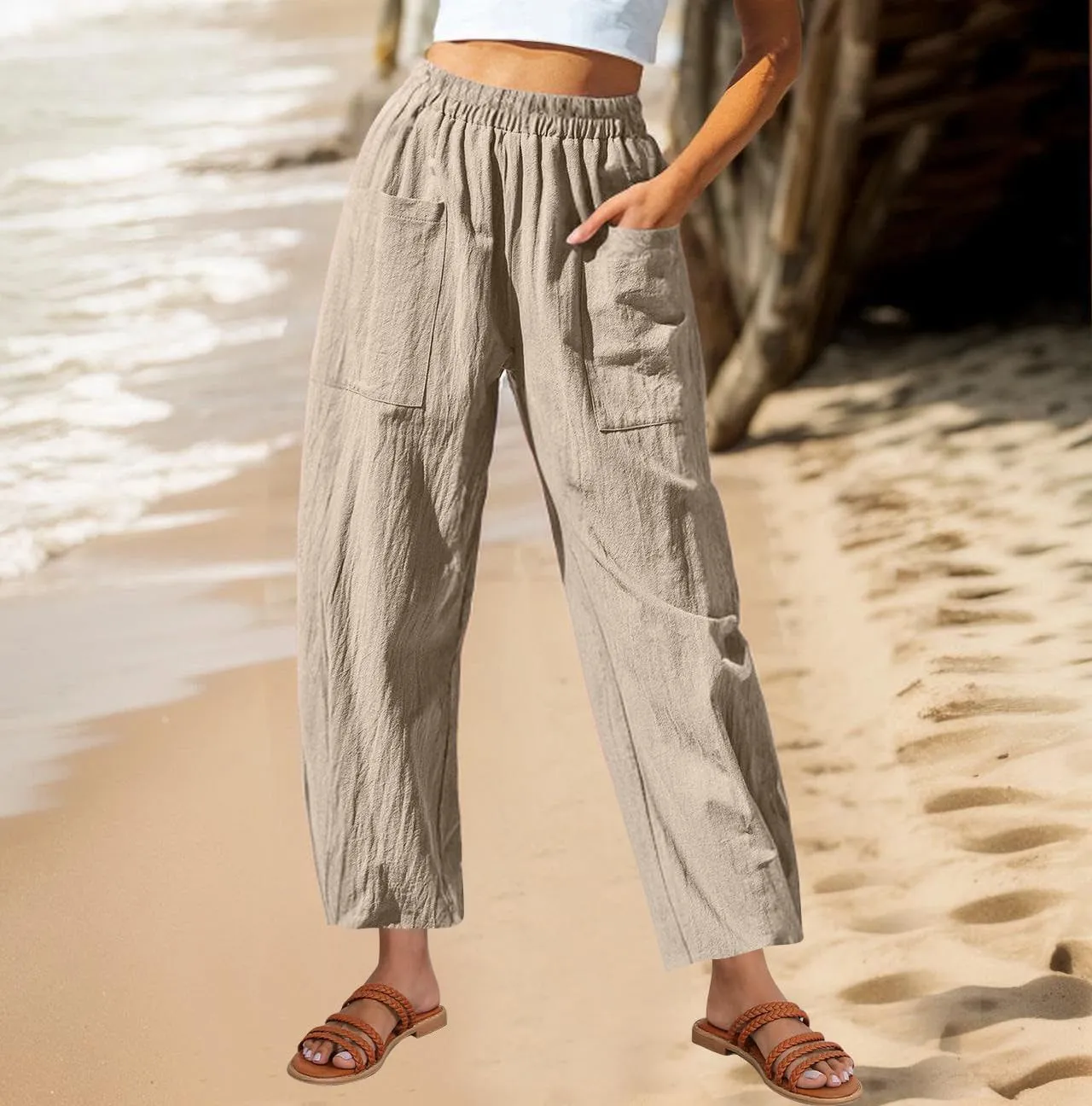 Women's Linen Pants Summer Fashion 2025 Elastic Wasit Loose fit Casual Pants Ladies Wide Leg Trousers with Pockets