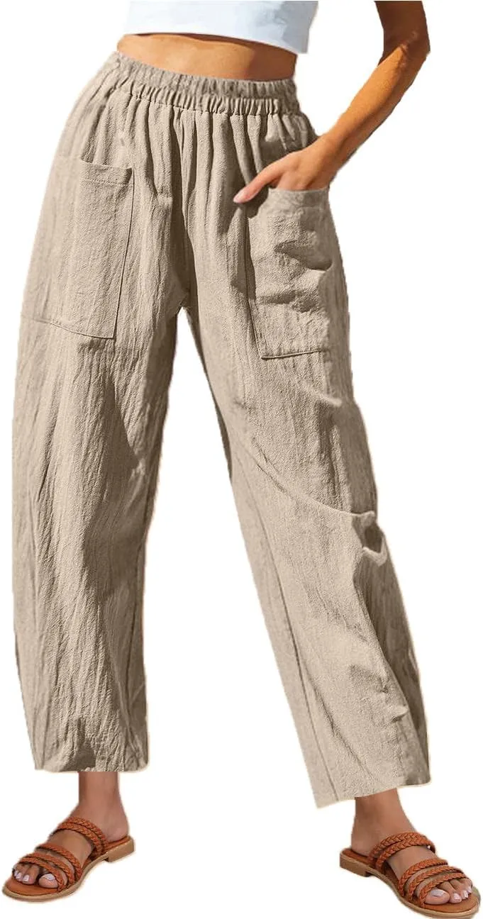 Women's Linen Pants Summer Fashion 2025 Elastic Wasit Loose fit Casual Pants Ladies Wide Leg Trousers with Pockets