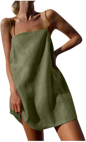 Womens Linen Spaghetti Strap Sleeveless Summer Mini Dresses Cute A-Line Back Zip Short Cami Dress Beach Party Sundress