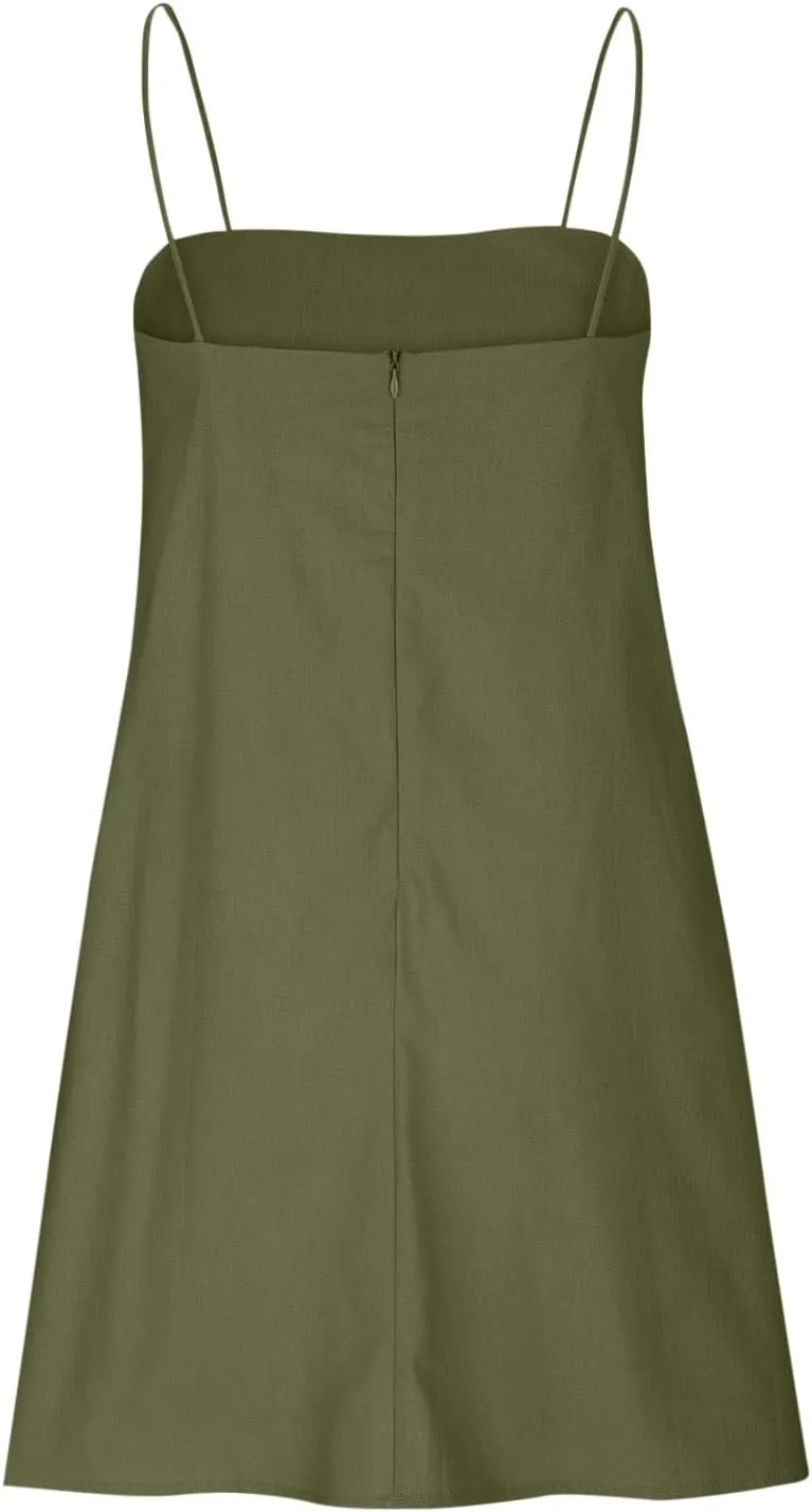 Womens Linen Spaghetti Strap Sleeveless Summer Mini Dresses Cute A-Line Back Zip Short Cami Dress Beach Party Sundress