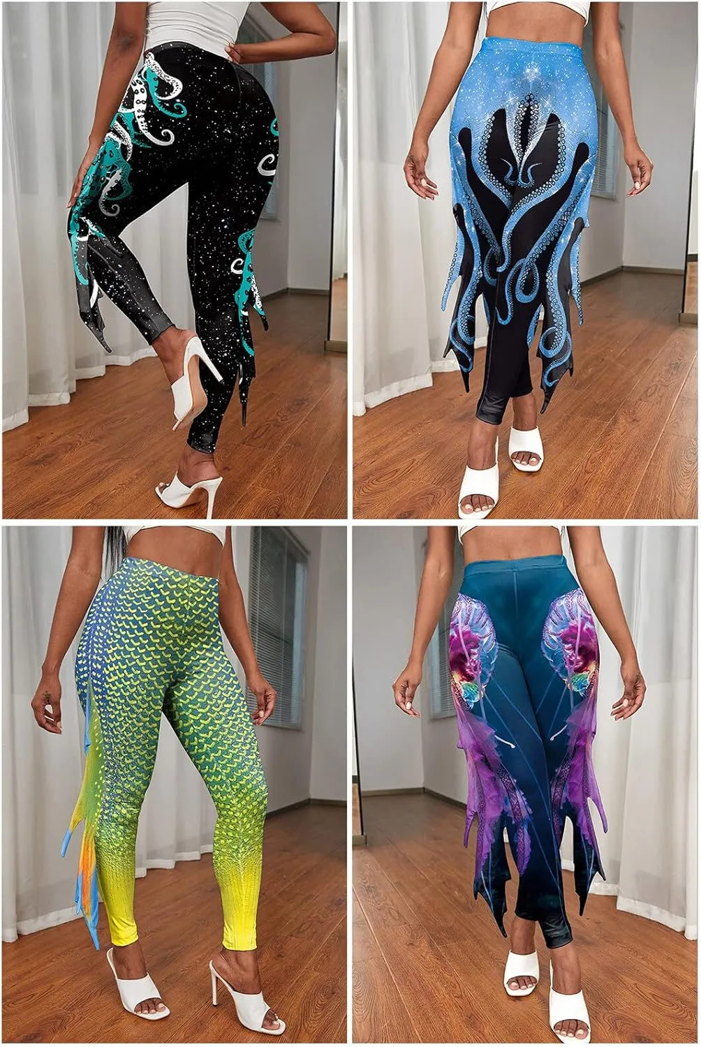 Womens Mermaid Leggings Fish Scale Print Pants High Waist Yoga Legging with Fins for Halloween Party Cosplay