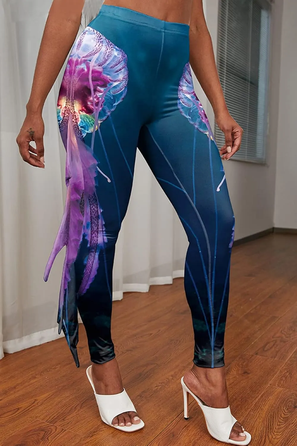 Womens Mermaid Leggings Fish Scale Print Pants High Waist Yoga Legging with Fins for Halloween Party Cosplay