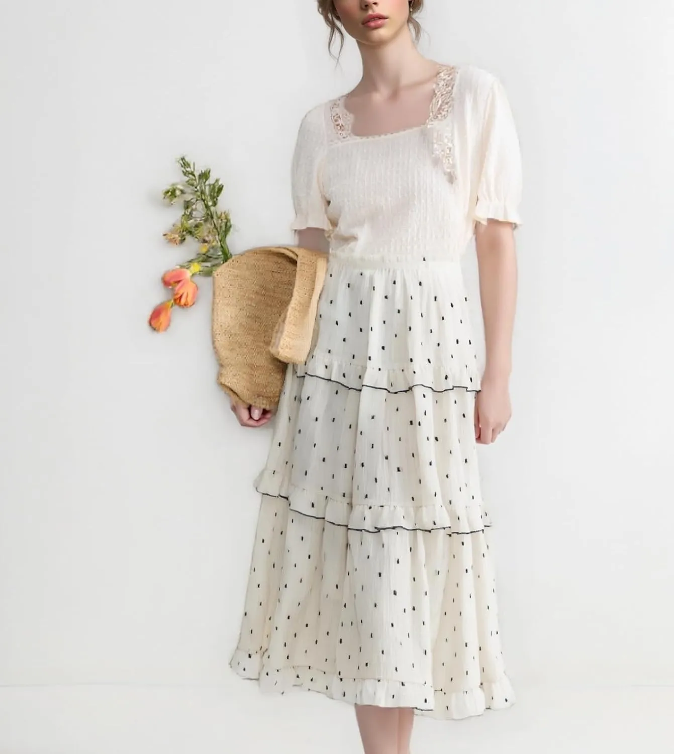 Women's Midi Skirts High Waisted Pleated A-Line Swing Skirts Boho Floral Elastic Asymmetrical Hem Dress