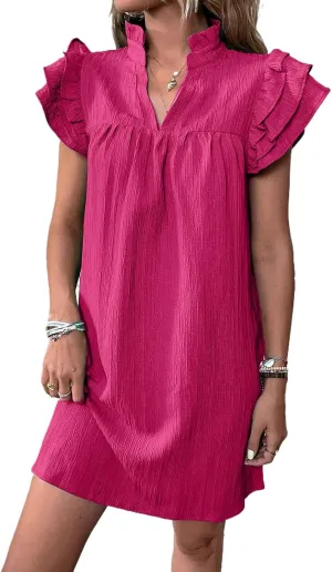 Womens Mini Dress Summer Ruffle Short Sleeve V Neck Dress Loose Solid Color Party Dresses Fashion Basic Beach Dresses