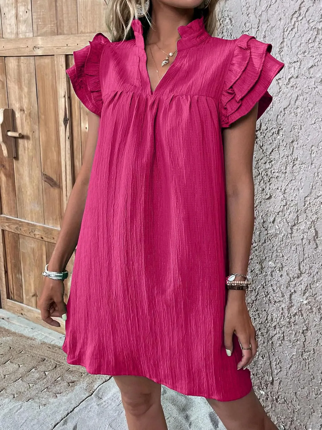 Womens Mini Dress Summer Ruffle Short Sleeve V Neck Dress Loose Solid Color Party Dresses Fashion Basic Beach Dresses