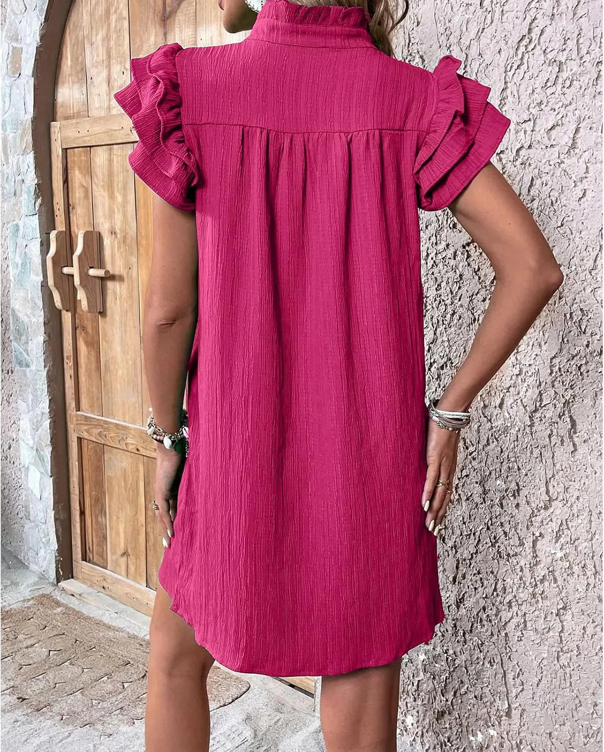 Womens Mini Dress Summer Ruffle Short Sleeve V Neck Dress Loose Solid Color Party Dresses Fashion Basic Beach Dresses