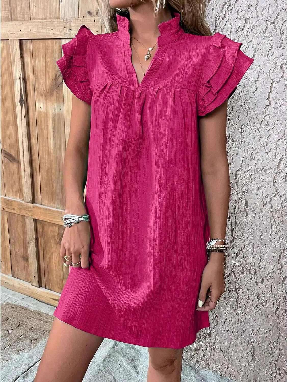 Womens Mini Dress Summer Ruffle Short Sleeve V Neck Dress Loose Solid Color Party Dresses Fashion Basic Beach Dresses