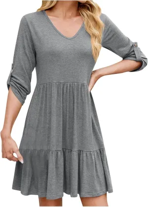 Women's Mini Dress V Neck Roll 3/4 Sleeve A Line Dresses Loose Fit Ruffle Flowy Boho Short Beach Sundresses