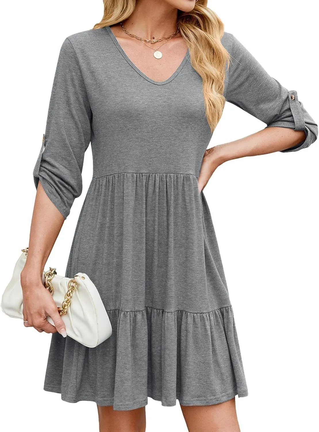 Women's Mini Dress V Neck Roll 3/4 Sleeve A Line Dresses Loose Fit Ruffle Flowy Boho Short Beach Sundresses