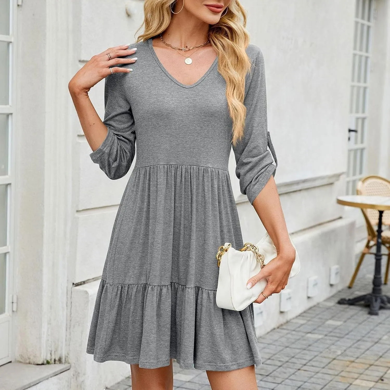 Women's Mini Dress V Neck Roll 3/4 Sleeve A Line Dresses Loose Fit Ruffle Flowy Boho Short Beach Sundresses