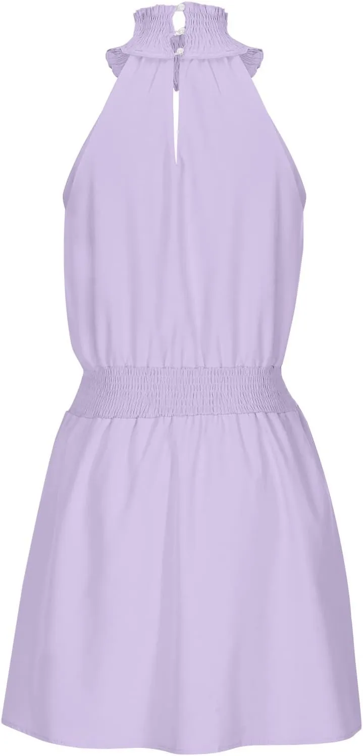 Womens Mock Neck Cutout Elastic Waist Casual Mini Dresses Summer Solid Business Dress Sleeveless Short Beach Sundress