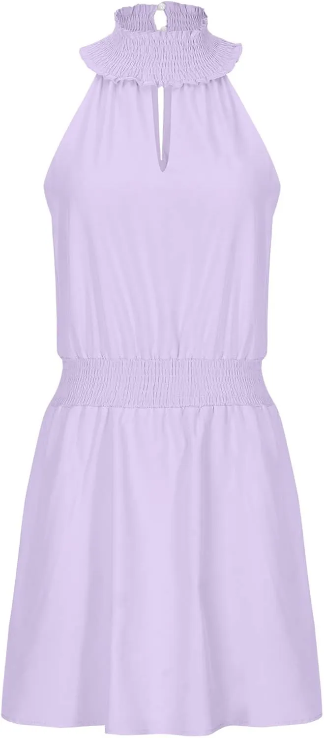 Womens Mock Neck Cutout Elastic Waist Casual Mini Dresses Summer Solid Business Dress Sleeveless Short Beach Sundress