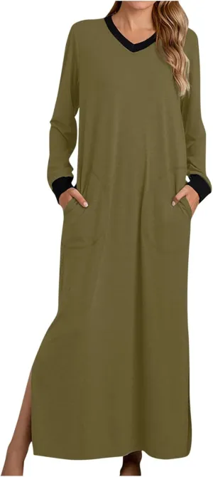 Womens Nightgowns Long Sleeve Maxi House Dress Casual Crewneck Nightshirt Dresses Full Length Sleepwear with Pockets