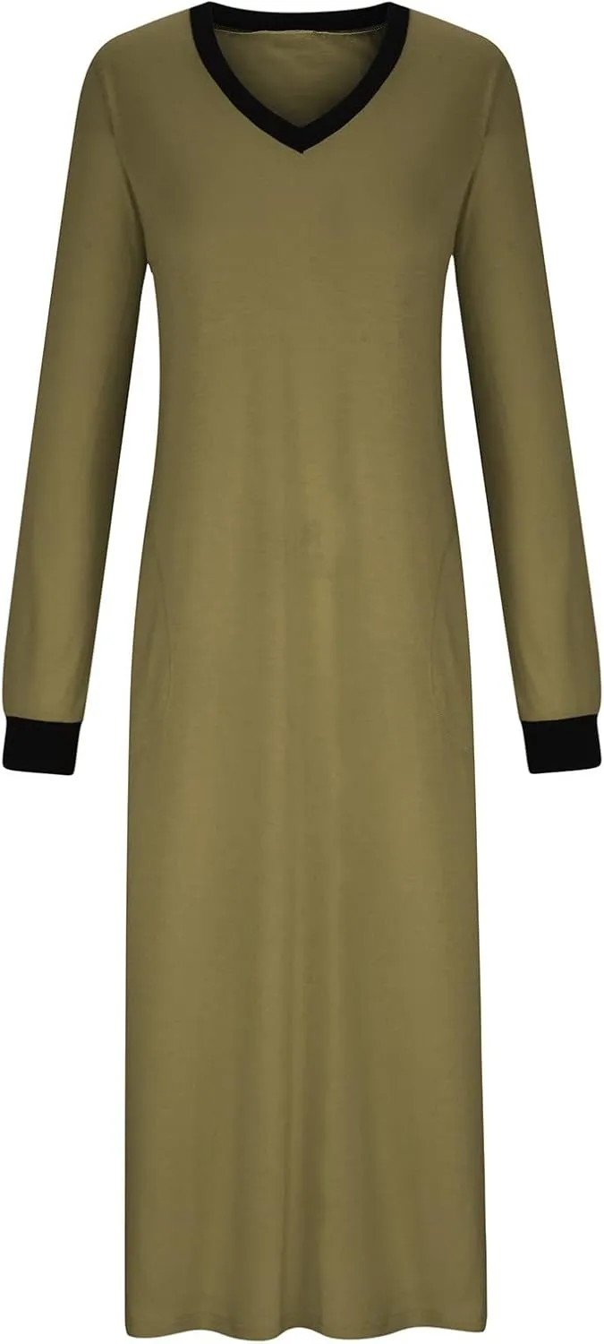 Womens Nightgowns Long Sleeve Maxi House Dress Casual Crewneck Nightshirt Dresses Full Length Sleepwear with Pockets