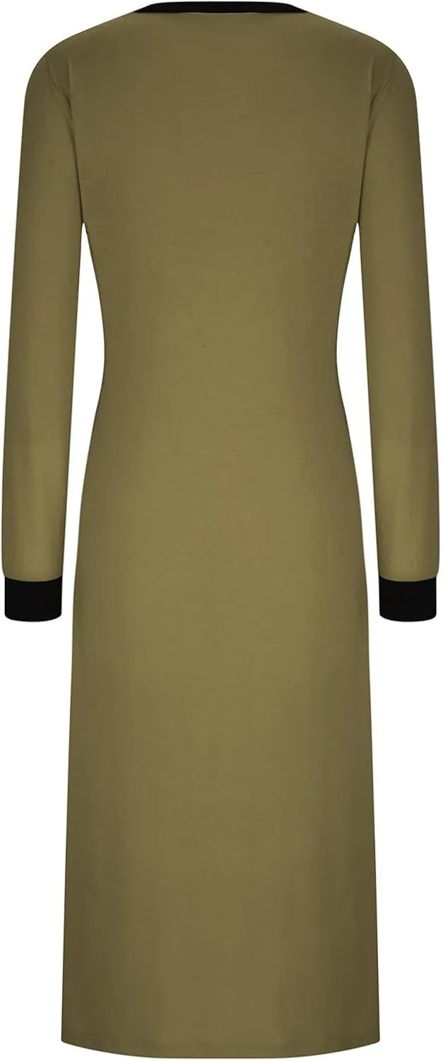 Womens Nightgowns Long Sleeve Maxi House Dress Casual Crewneck Nightshirt Dresses Full Length Sleepwear with Pockets