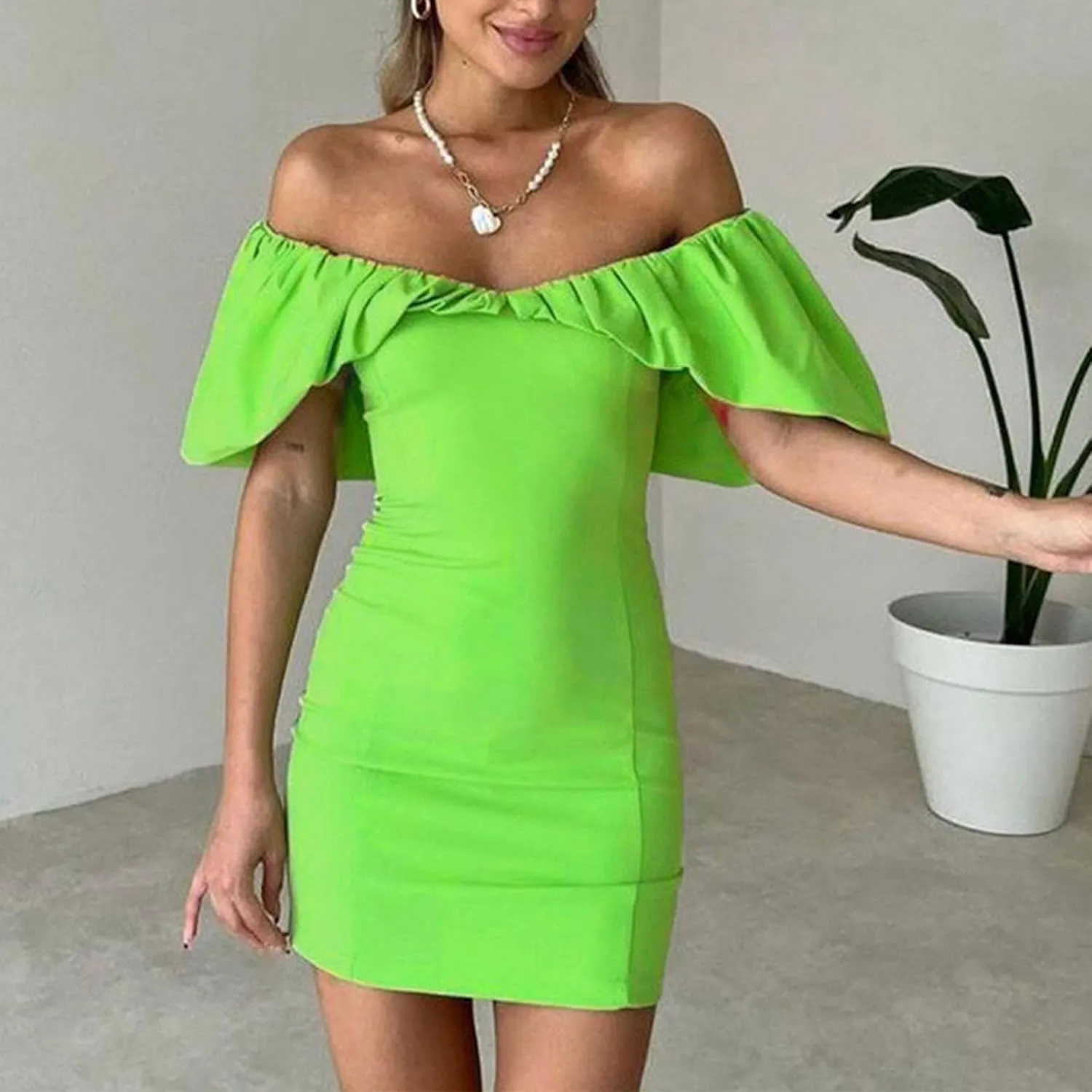 Womens Off Shoulder Ruffle Short Sleeve Wedding Guest A Line Dress Cocktail Party Pencil Dresses Slim Fit Dress