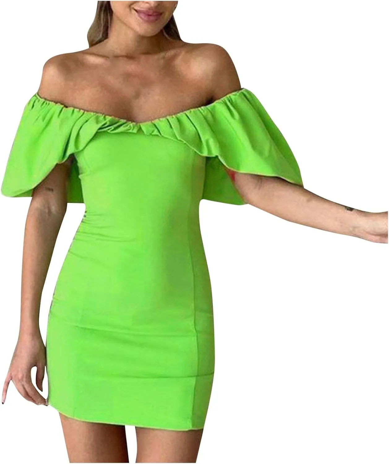 Womens Off Shoulder Ruffle Short Sleeve Wedding Guest A Line Dress Cocktail Party Pencil Dresses Slim Fit Dress