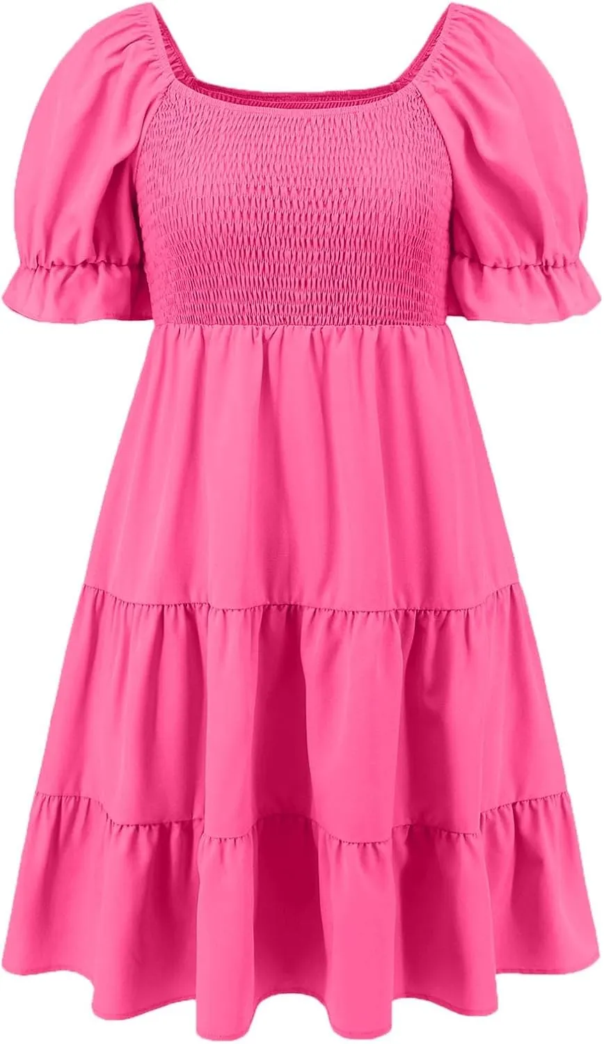 Womens Off Shoulder Sexy Mini Dresses Summer Tiered Ruffle Smocked Blouson Short Dress Solid Color Cute Beach Dress