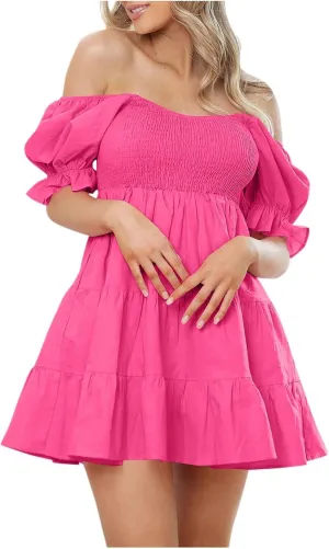 Womens Off Shoulder Sexy Mini Dresses Summer Tiered Ruffle Smocked Blouson Short Dress Solid Color Cute Beach Dress