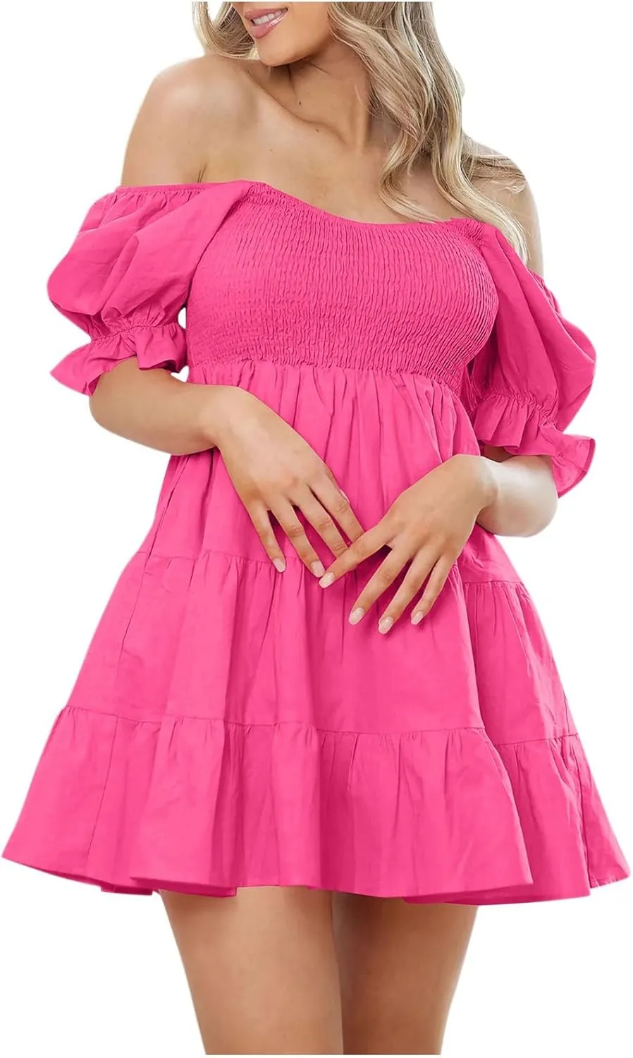 Womens Off Shoulder Sexy Mini Dresses Summer Tiered Ruffle Smocked Blouson Short Dress Solid Color Cute Beach Dress