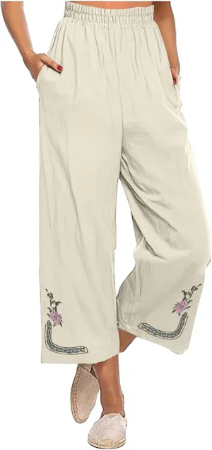 Womens Pants Embroidery Decoration Cotton and Linen Elastic Waist Pants Solid Summer Loose Cropped Wide Leg Trousers