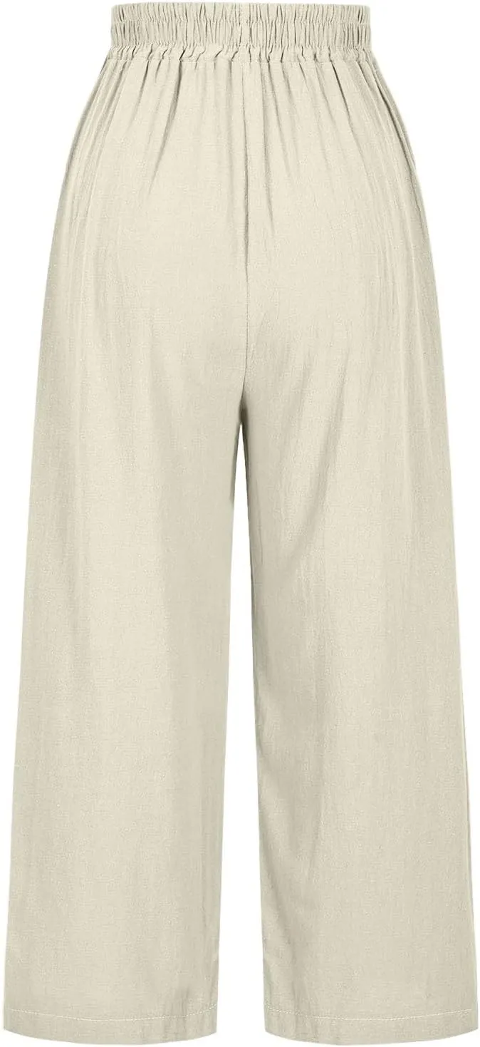 Womens Pants Embroidery Decoration Cotton and Linen Elastic Waist Pants Solid Summer Loose Cropped Wide Leg Trousers
