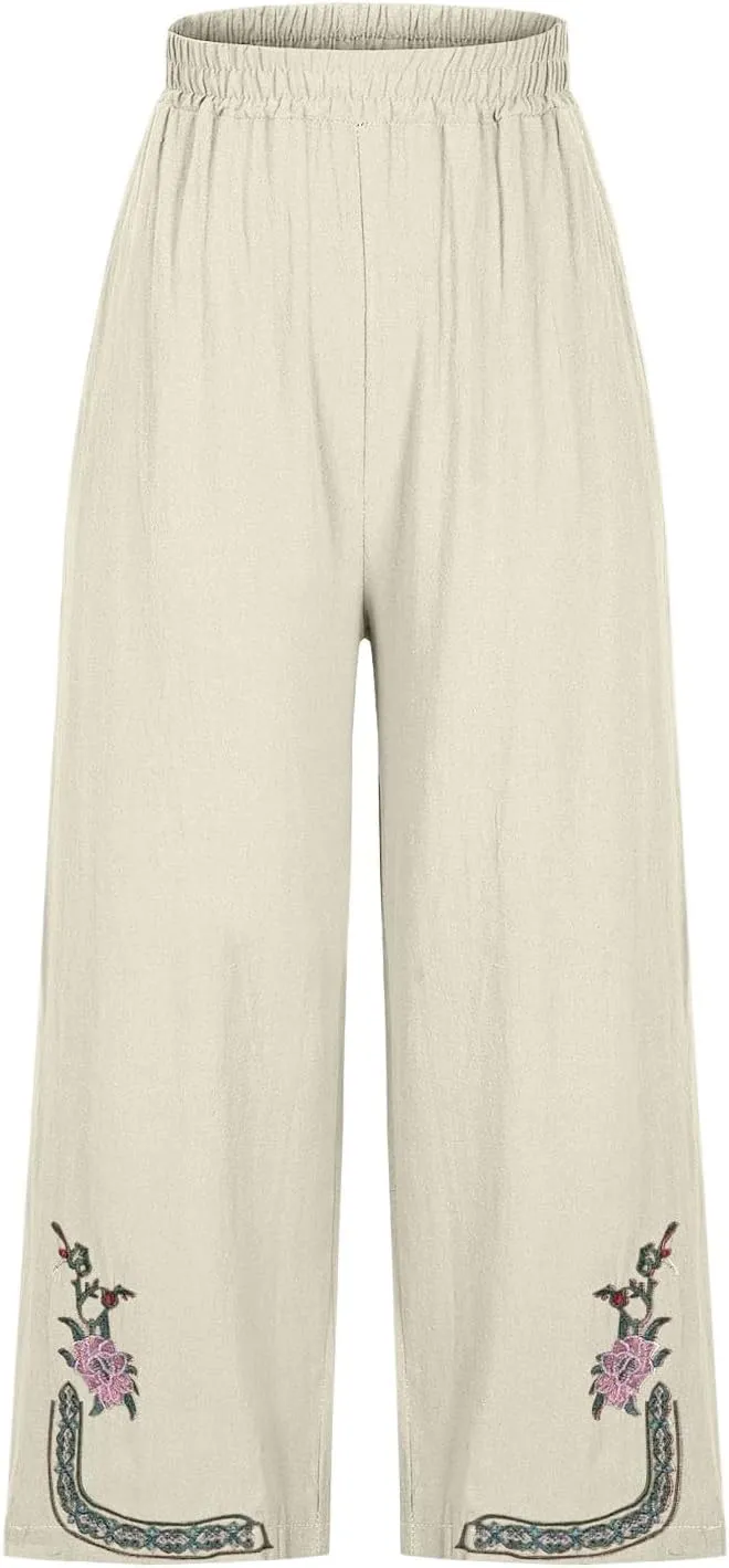 Womens Pants Embroidery Decoration Cotton and Linen Elastic Waist Pants Solid Summer Loose Cropped Wide Leg Trousers
