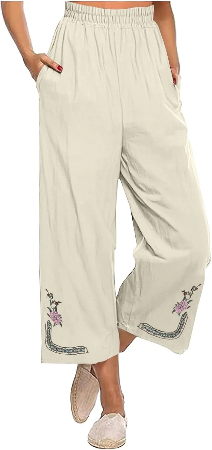 Womens Pants Embroidery Decoration Cotton and Linen Elastic Waist Pants Solid Summer Loose Cropped Wide Leg Trousers
