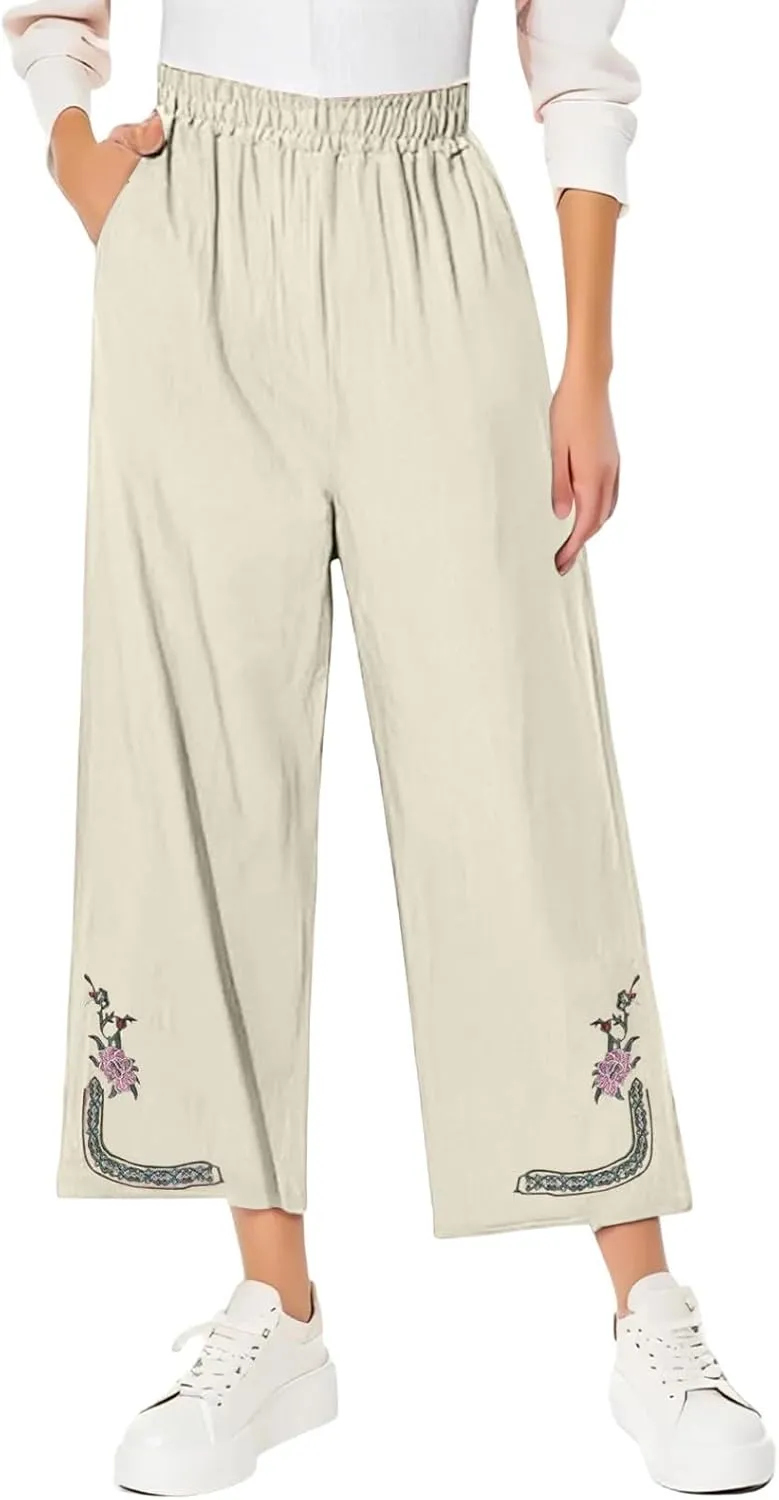 Womens Pants Embroidery Decoration Cotton and Linen Elastic Waist Pants Solid Summer Loose Cropped Wide Leg Trousers