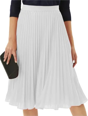 Womens Pleated Skirt Elastic High Waist Midi Skirts A Line Casual Flowy Skirts Knee Length Skirt Vacation Clothing