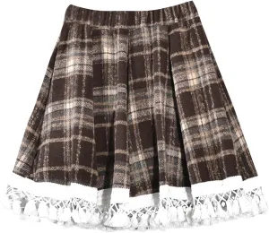 Women's Pleated Skirts with Shorts Woolen Plaid Fall Winter Elastic High Waist Uniform Tennis Casual Mini Skirt