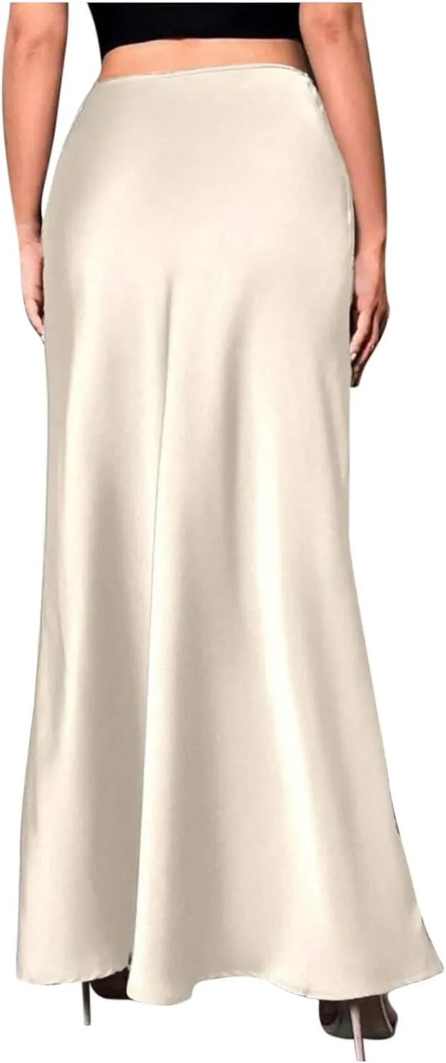 Women's Satin High Waisted Maxi Skirts Elegant Solid Color A Line Long Skirt Soft Work Office Half Dress