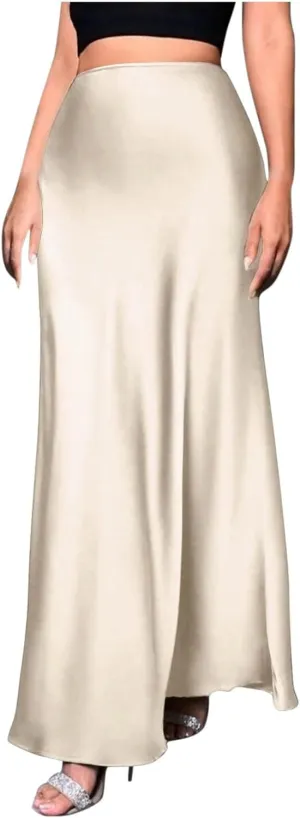 Women's Satin High Waisted Maxi Skirts Elegant Solid Color A Line Long Skirt Soft Work Office Half Dress