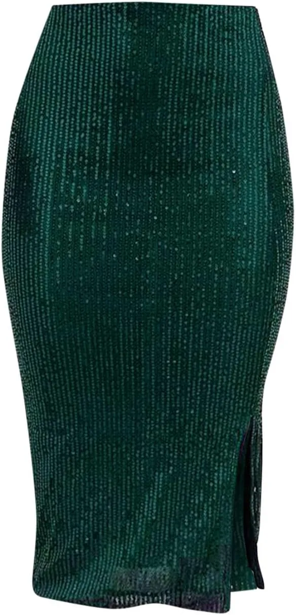 Women's Sequin Skirt Midi High Waist Elegant Stretchy Sparkle Side Slit Pencil Skirt Party Cocktail Bodycon Skirts